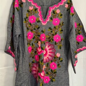 Mexican Gray Tunic Dress Top Bright Pink Floral Pigeon Embroidery Flowers Latino